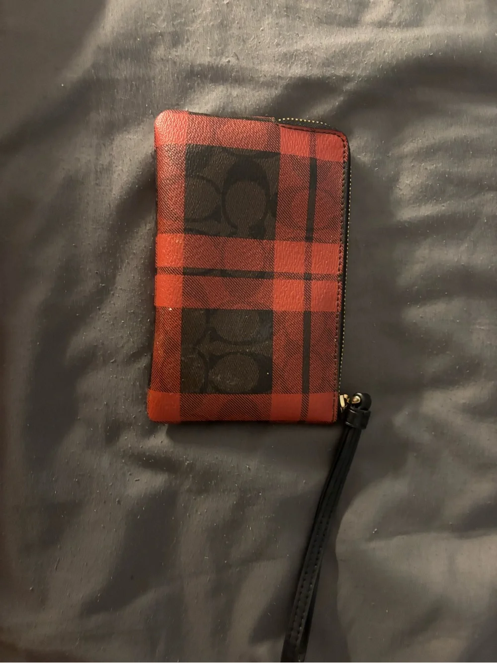 Coach Red and Black Plaid Zip-Around Wallet